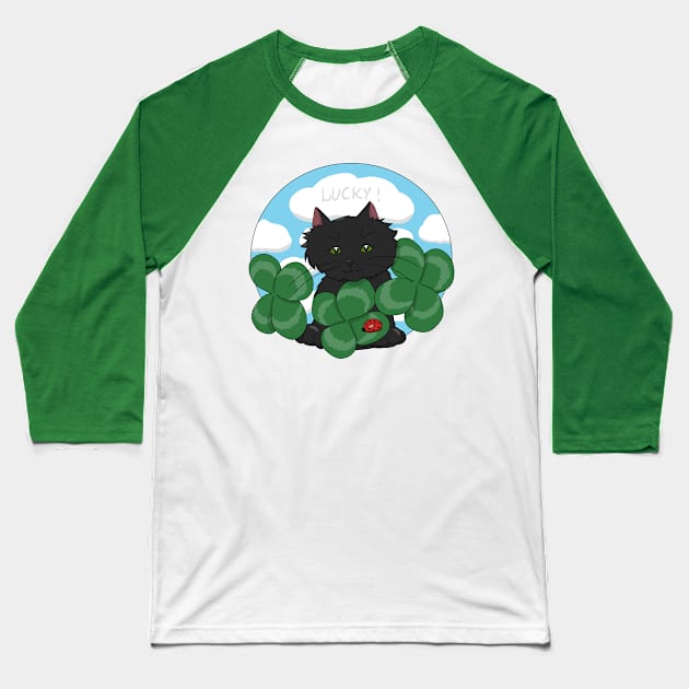 Cute Cat with Four Leaf Clovers Baseball T-Shirt by HugSomeNettles